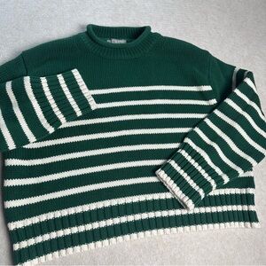 J.Crew Heritage Cotton Rollneck Sweater XL Green White Striped Knit Pullover